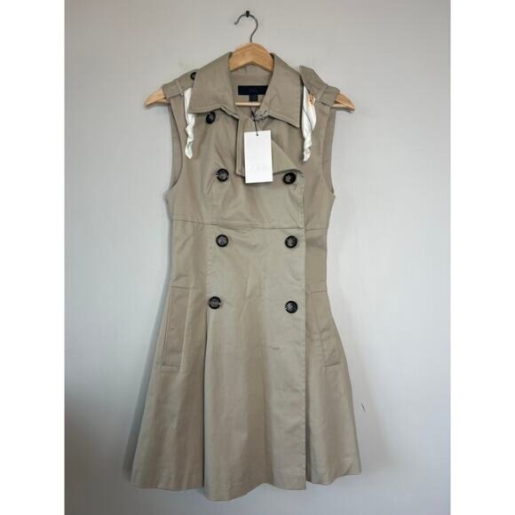 NWT Zara Pleated Button Front Collared Sleeveless Mini Dress Khaki Size: Small - Picture 2 of 8